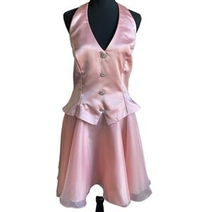 Dave and Johnny Cocktail Mini Dress L Tuxedo Pink Satin Rhinestones Burlesque